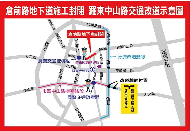 羅東倉前路地下道封閉,車輛塞爆中山路,請改走光榮路高架橋