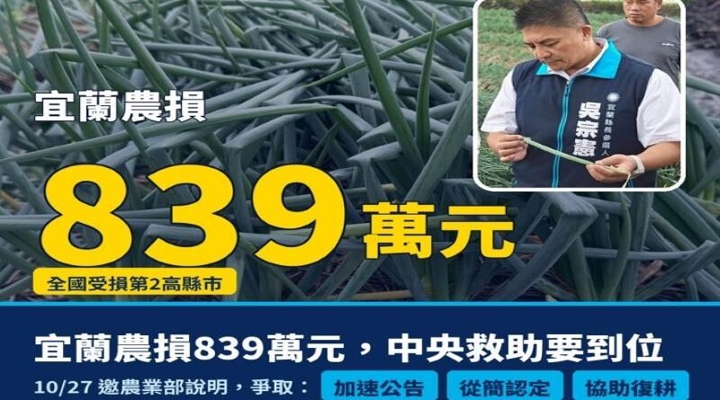 宜蘭農損839萬居全國第二 吳宗憲27日邀農業部說明、要求加速救助